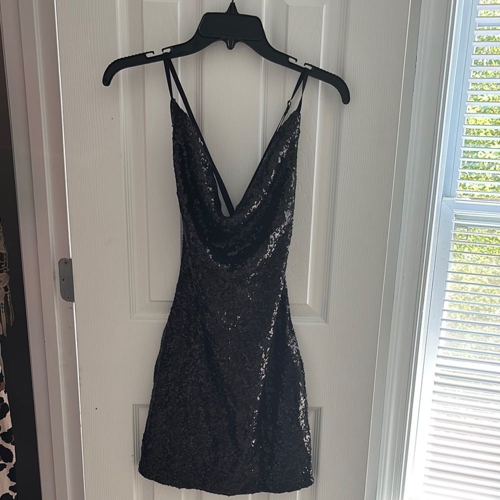 AKIRA Black Sequin Bodycon Dress Sleeveless Cowl Neck